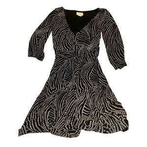 Maeve Anthropologie Black White Dot Midi Dress Ruched V Neck Small